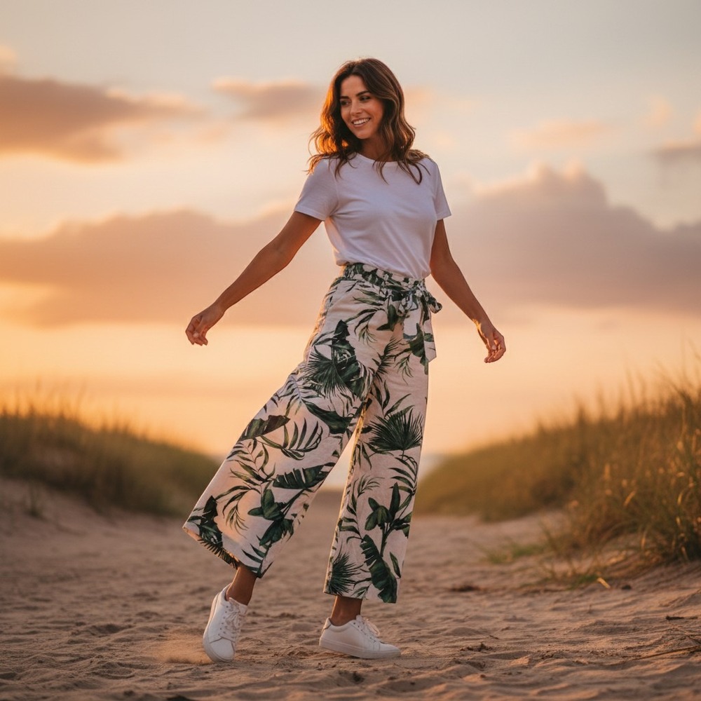 Joie Wide Leg Pants Women 8 White Tropical Palm Linen Blend Beachy Boho Summer